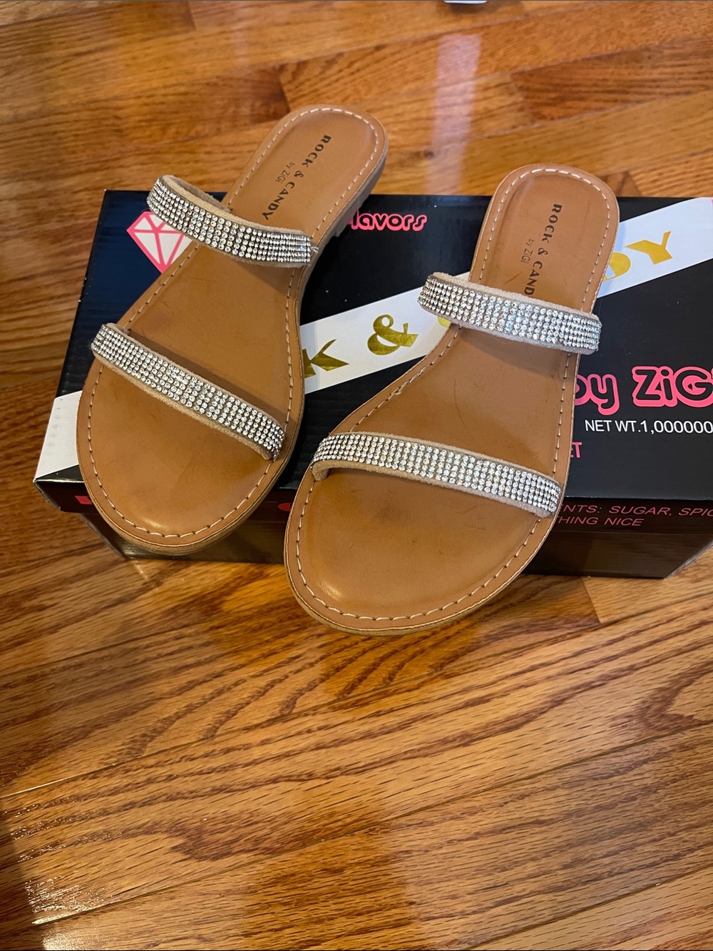 NWT Rock & Candy Beata Tan Slide Sandals with Rhinestone Double Straps Sz 7